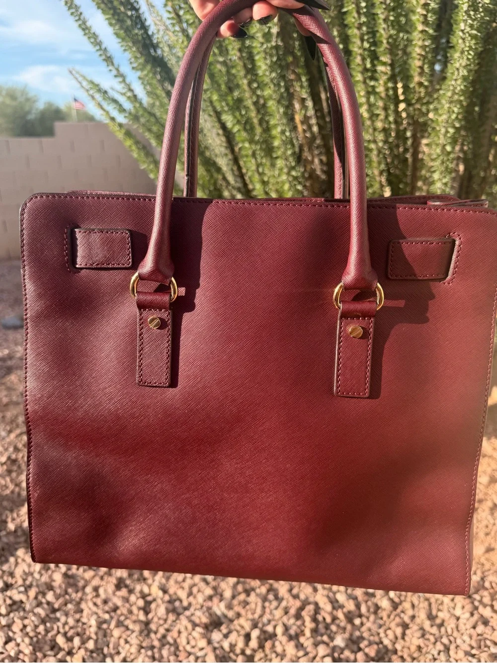 Michael Kors Burgundy Saffiano Leather Satchel with Gold Hardware